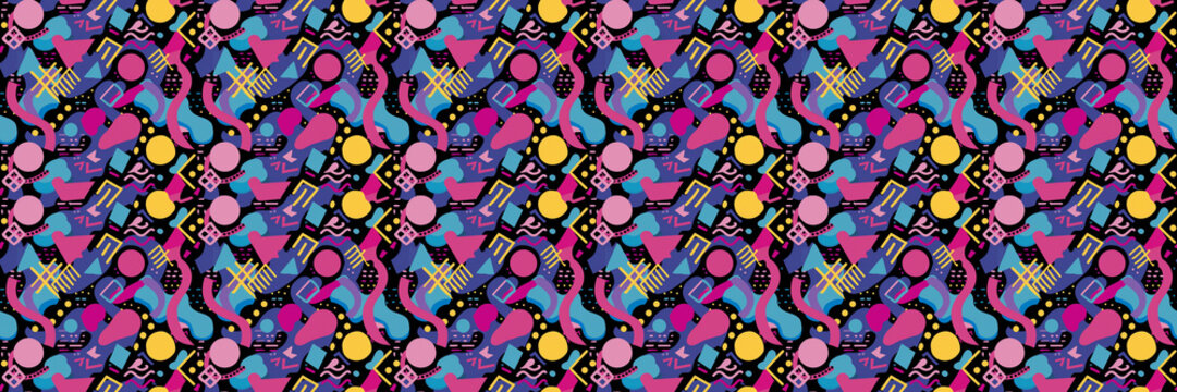 Seamless pattern with geometric shapes in the style. Multicolored vintage background with triangles, circles and squares for textile, fabric and Sudanese fabric art.