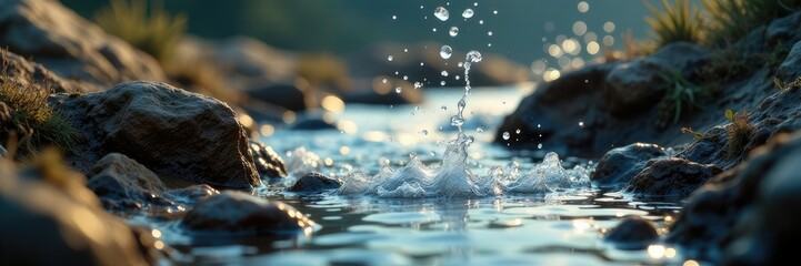 Water droplets evaporate from a rocky terrain, water evaporation, erosion process, rugged terrain