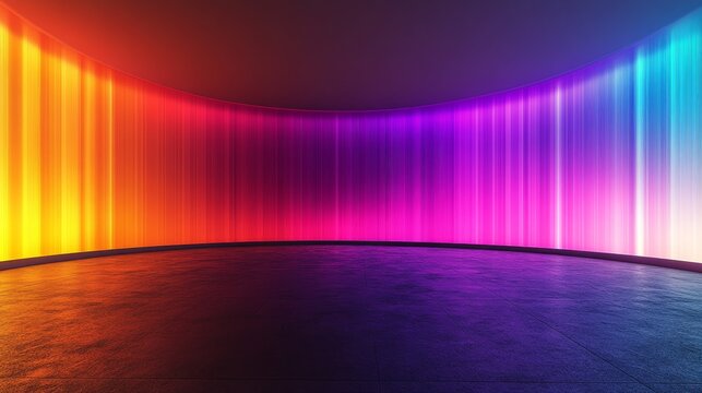 Vibrant multicolored neon light display in curved room with reflective floor