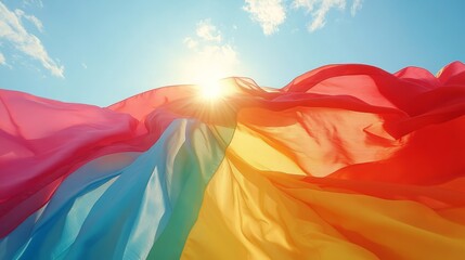 A striking image of an LGBT flag fluttering against a deep blue sky, with the flag's colors standing out vividly in the natural light