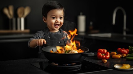 Little chef cooking in kitchen with smiling face and flames in the cooking pan