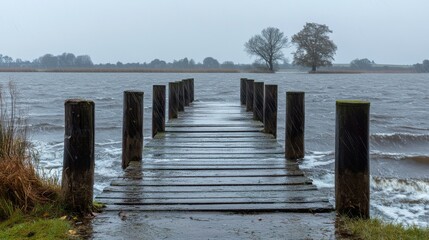 5.A lonely pier stretching into a Frisian lake, drenched in heavy rain, with water cascading off wooden planks, moody skies blending with rain-blurred horizons.