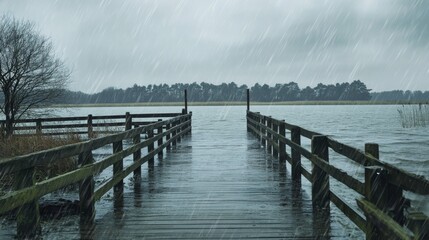 Fototapeta premium 5.A lonely pier stretching into a Frisian lake, drenched in heavy rain, with water cascading off wooden planks, moody skies blending with rain-blurred horizons.