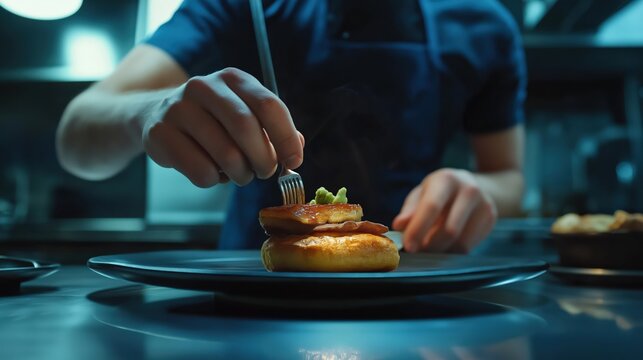 Chef is plating up an dish of foie grass on brioche