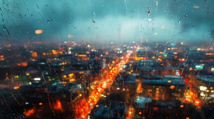 Fototapeta premium 83.Dynamic night city view from above, the rain creating a textured haze, with scattered lights forming glowing trails across the wet skyline.