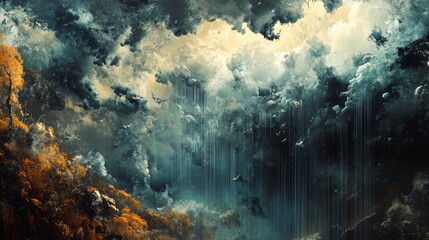 Fototapeta premium 21.A panoramic view of a stormy horizon, dense, textured clouds merging with a curtain of rain descending on a vast, natural landscape.