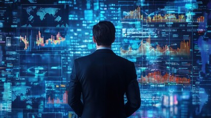 Businessman Analyzing Data on a Futuristic Digital Wall