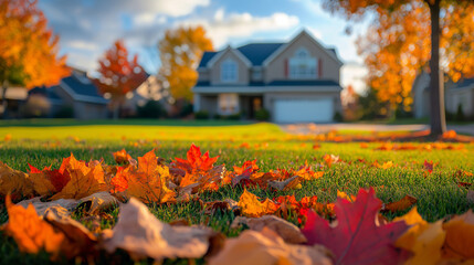 Obraz premium Beautiful Suburban House with Autumn Leaves in Front Yard