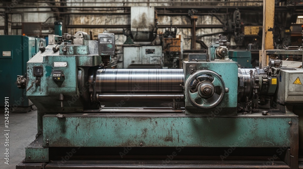 Poster A large industrial lathe machine in a workshop, used for shaping metal components.