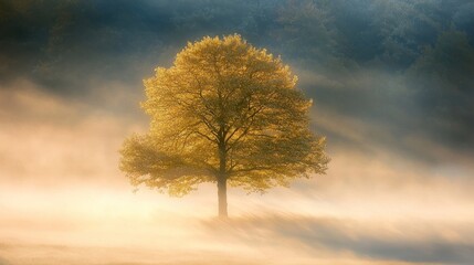 Golden Dawn: A Solitary Tree in Misty Meadow