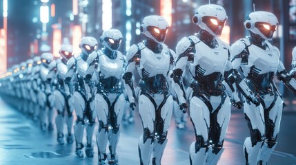 Obraz premium A line of futuristic robots marching in a neon-lit urban environment.