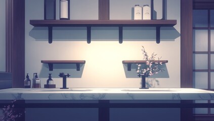 Serene spa bathroom; floral decor, shelves, zen