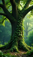 Fototapeta premium Overgrown tree with thick ivy vines and roots, vine, botanical