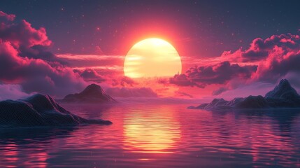 Neon Sun and Mystical Waters. Generative AI