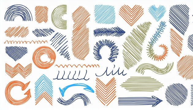 Brush line shape background abstract texture paint set. Hand drawn sketch doodle scribble brush geometric shape crayon effect background. Abstract arrow, circle, zigzag vector illustration.