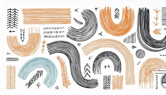 Brush line shape background abstract texture paint set. Hand drawn sketch doodle scribble brush geometric shape crayon effect background. Abstract arrow, circle, zigzag vector illustration.