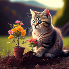 Firefly A cat sits on the ground to plant a tree with beautiful colored flowers