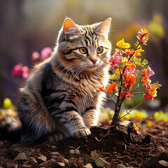 Firefly A cat sits on the ground to plant a tree with beautiful colored flowers