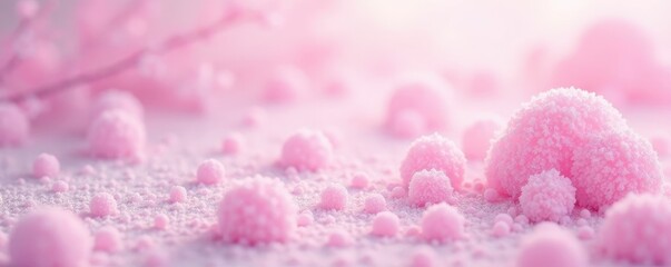 Obraz premium Pastel pink and white background with scattered, rounded bubbles resembling snowflakes, frosty, pastel