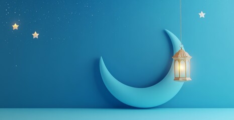 Obraz na płótnie Canvas Crescent moon, lantern, night sky, blue backdrop, Ramadan