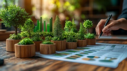 Miniature green trees and growth bars on a desk with graphs and charts. Generative AI