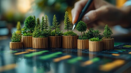Close-up of miniature trees and data graphs showing growth and analysis. Generative AI