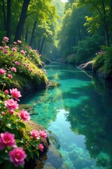 Peaceful scene of crystal clear water with blooming flowers and lush greenery, water, greenery