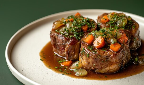 Savory osso buco with herbs and vegetables on an ivory plate