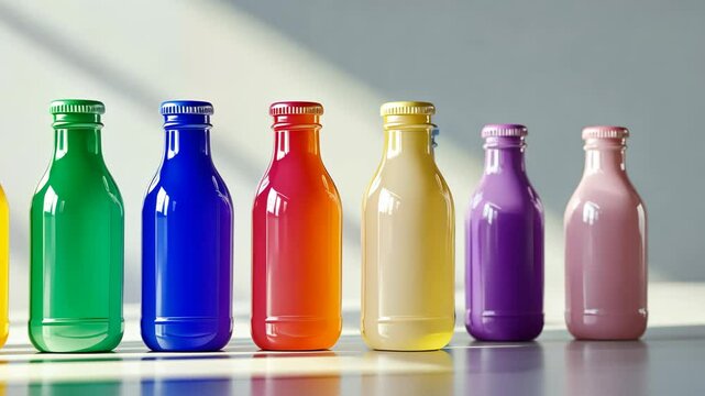 Colorful bottles align and reflect in gradient lighting sequence