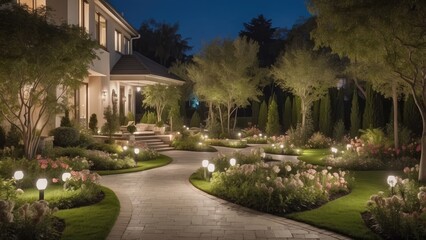 "Illustration of Modern Landscaping Design with Ambient Lighting and Illuminated Pathway in a Residential Garden at Night."