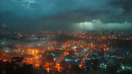 Fototapeta premium 79.Aerial view night city rain. High Angle Cityscape During A night rain Storm