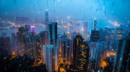 Fototapeta premium 80.High-angle view of a sprawling cityscape at night, glimmering streetlights distorted by falling rain, with faint fog softening the edges of the skyscrapers.