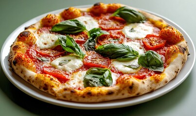 Delicious margherita pizza with fresh ingredients on a white plate