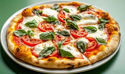 Margherita pizza with fresh basil and tomatoes served on a white plate