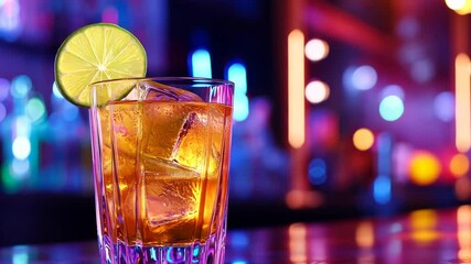 Vibrant cocktail with lime garnish in colorful bar setting