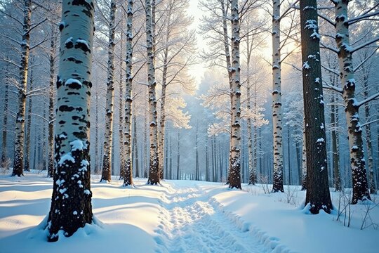 Snowy forest branches stretch upwards from birch tree trunk, arch, trees - Powered by Adobe