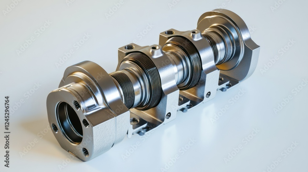 Poster a metallic camshaft used in automotive engines for controlling valve timing.