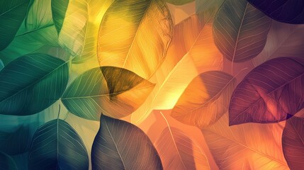 A vibrant jungle leaf background with layers of foliage softly illuminated to highlight their natural patterns and colors
