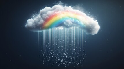 52.Illustration of a bright rainbow emerging from a cloud, with detailed raindrops falling below, and a realistic transparent background to allow overlay on any scene.