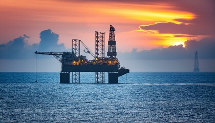 Oil rig at sunset. Workers On Oil Rig