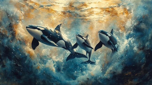 Orcas Swimming Through Water with Beautiful Ocean Light. Generative AI