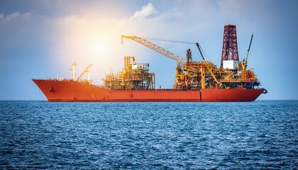 Fototapeta premium Cargo ship in port. Workers On Oil Rig and ship; refinery industry ecology concept