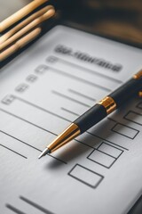 A close-up of a checklist with a sleek pen, emphasizing organization and planning in a professional setting.
