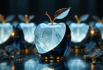 A glass apple with a golden stem and leaf, glowing white and black hues, surrounded by a dimly lit environment