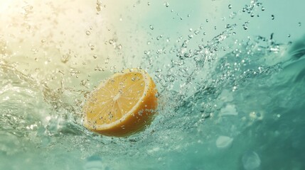 28.Artistic depiction of sliced lemon falling into clear water, creating an explosion of droplets and ripples, with a bright aqua backdrop.