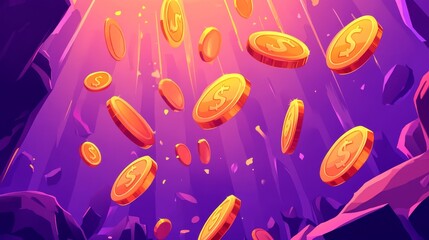 91.Coins falling or gold money flying rain vector flat cartoon illustration, metal cash dropping down as win or jackpot isolated on white and color background