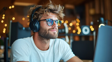 Creative man editing videos with headphones in cozy workspace