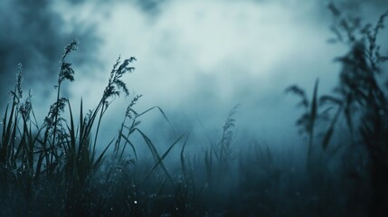 Foggy field at night, mysterious landscape, eerie mood, horror background