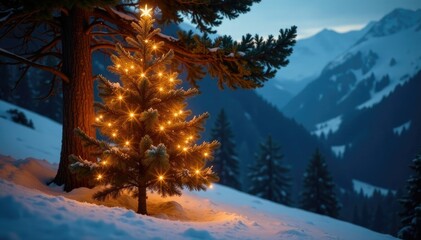 Warm golden glow emanates from string lights wrapped around a majestic fir tree on a snowy hillside, cozy, branch, ambiance
