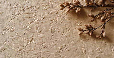 Beige floral textured paper, dried flowers, flat lay, autumnal background, stationery